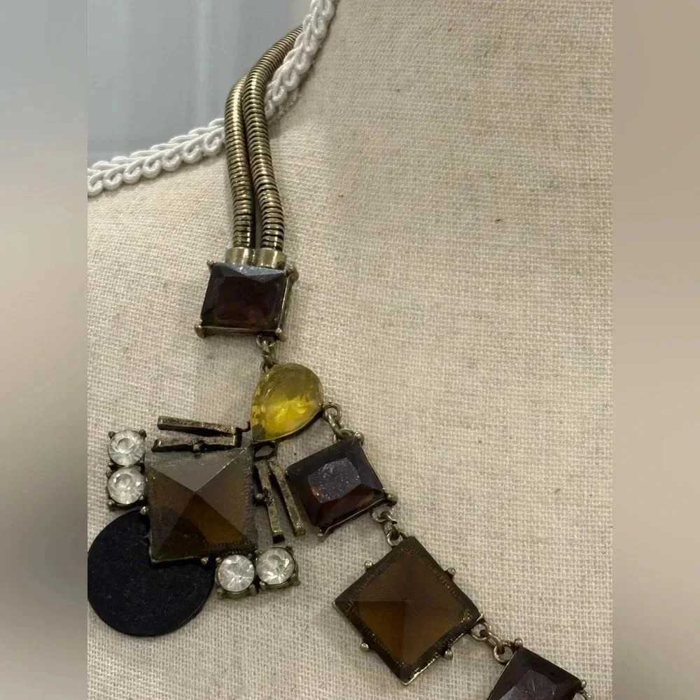 Vintage Sohi Denise gold costume statement necklace with yellow and brown stones - Picture 6 of 14